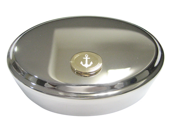 Gold Toned Etched Oval Nautical Anchor Oval Trinket Jewelry Box
