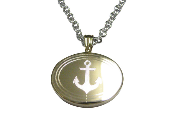 Gold Toned Etched Oval Nautical Anchor Pendant Necklace