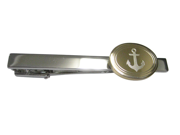 Gold Toned Etched Oval Nautical Anchor Tie Clip
