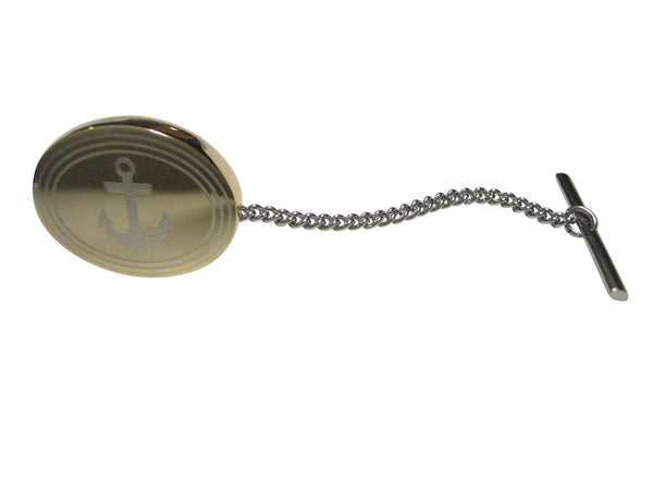Gold Toned Etched Oval Nautical Anchor Tie Tack