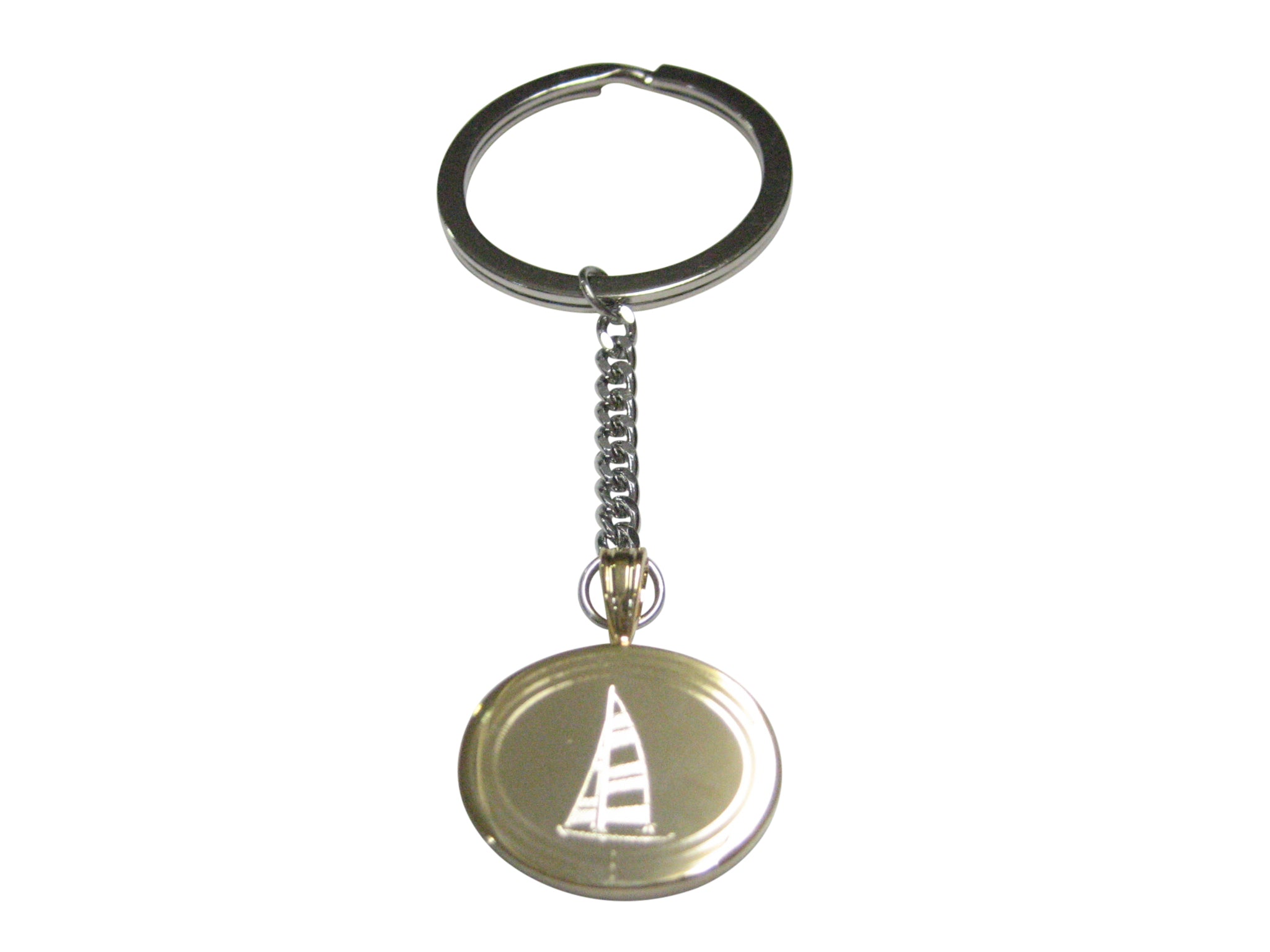 Gold Toned Etched Oval Nautical Sail Boat Pendant Keychain