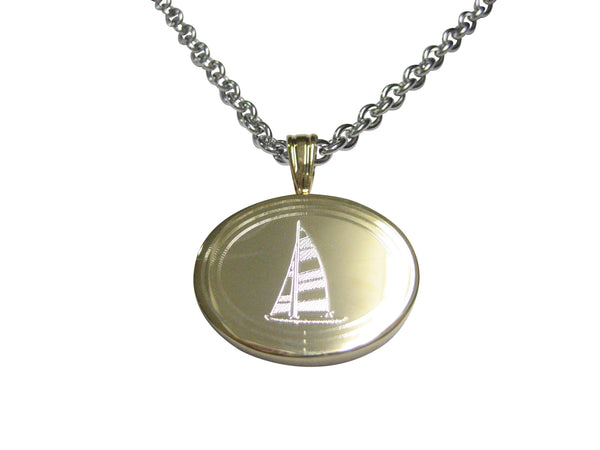Gold Toned Etched Oval Nautical Sail Boat Pendant Necklace