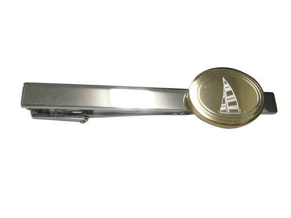 Gold Toned Etched Oval Nautical Sail Boat Tie Clip