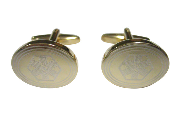 Gold Toned Etched Oval Paramedic Star of Life Symbol Cufflinks