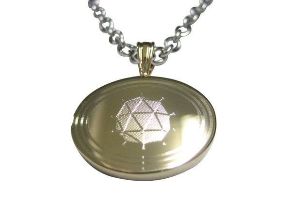Gold Toned Etched Oval Polyhedral Virus Pendant Necklace