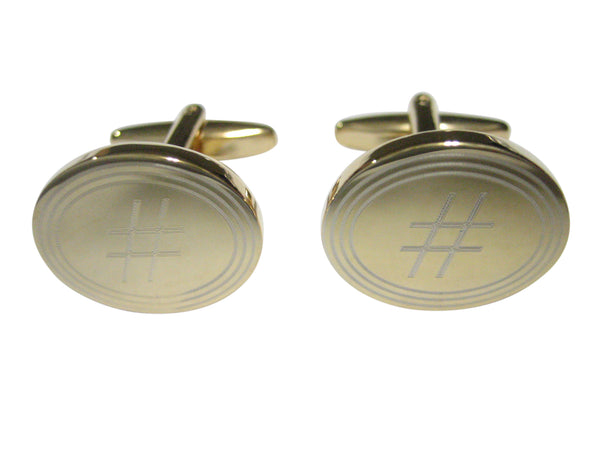 Gold Toned Etched Oval Pound Hash Tag Symbol Cufflinks