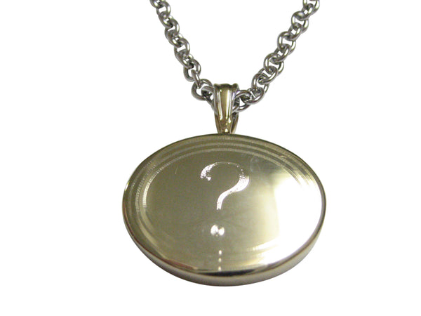 Gold Toned Etched Oval Question Mark Pendant Necklace