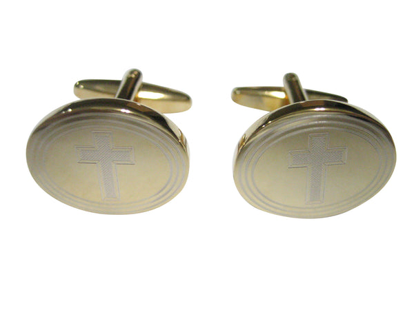 Gold Toned Etched Oval Religious Cross Cufflinks