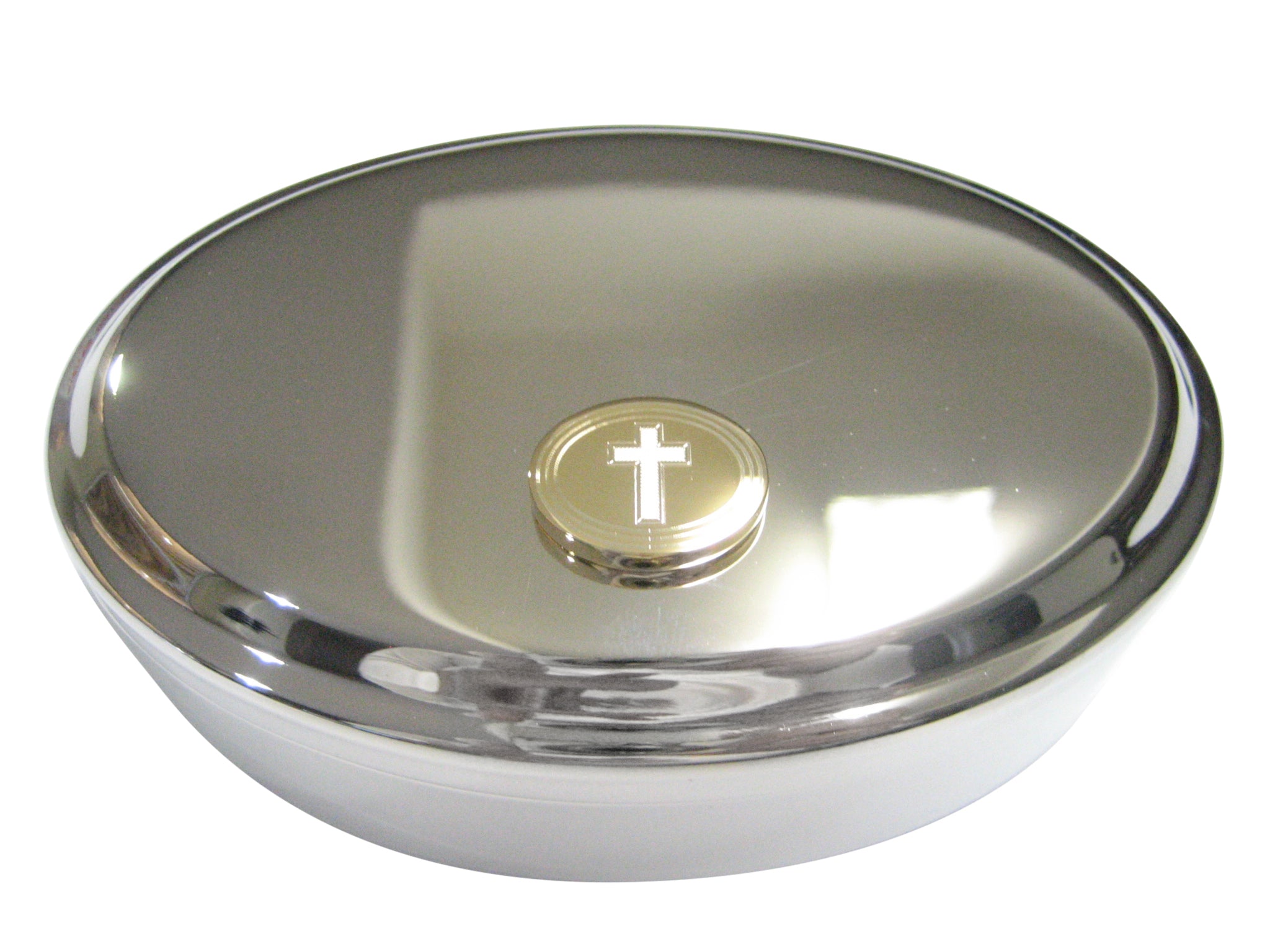 Gold Toned Etched Oval Religious Cross Oval Trinket Jewelry Box