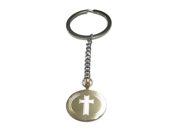 Gold Toned Etched Oval Religious Cross Pendant Keychain