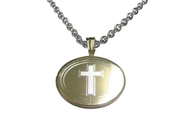 Gold Toned Etched Oval Religious Cross Pendant Necklace