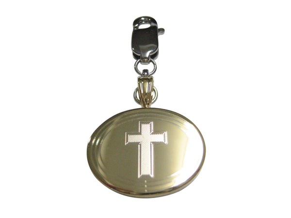 Gold Toned Etched Oval Religious Cross Pendant Zipper Pull Charm