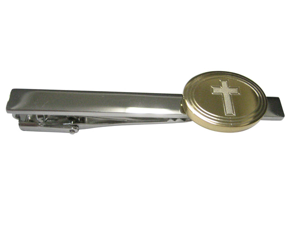 Gold Toned Etched Oval Religious Cross Tie Clip