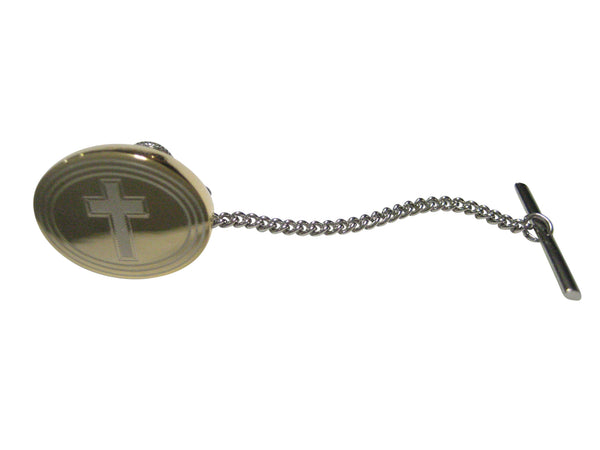 Gold Toned Etched Oval Religious Cross Tie Tack
