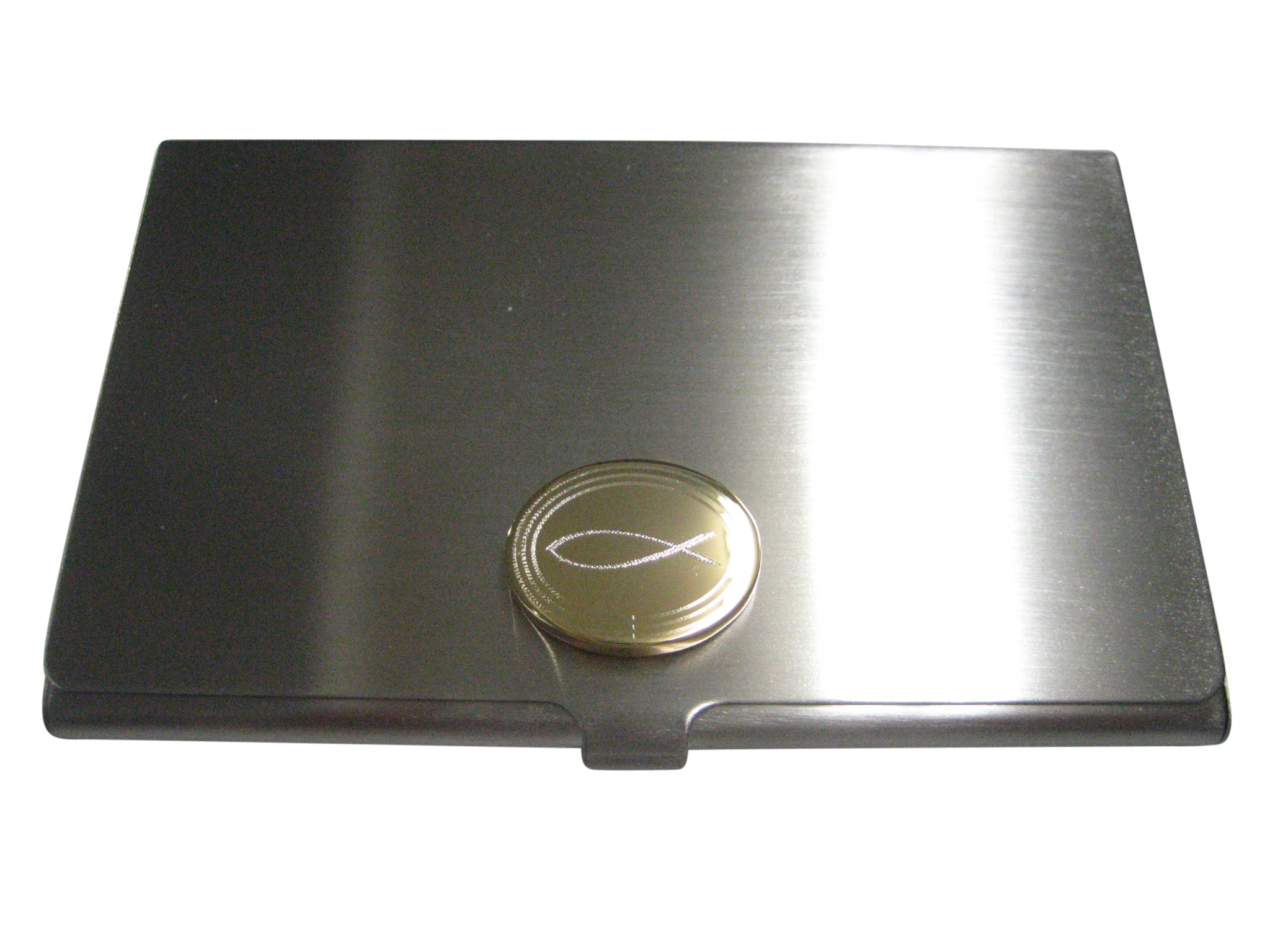 Gold Toned Etched Oval Religious Ichthys Fish Business Card Holder