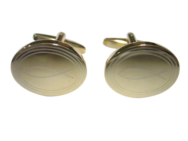 Gold Toned Etched Oval Religious Ichthys Fish Cufflinks