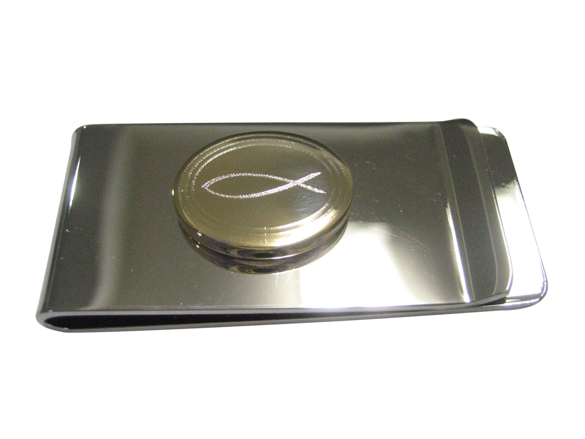 Gold Toned Etched Oval Religious Ichthys Fish Money Clip