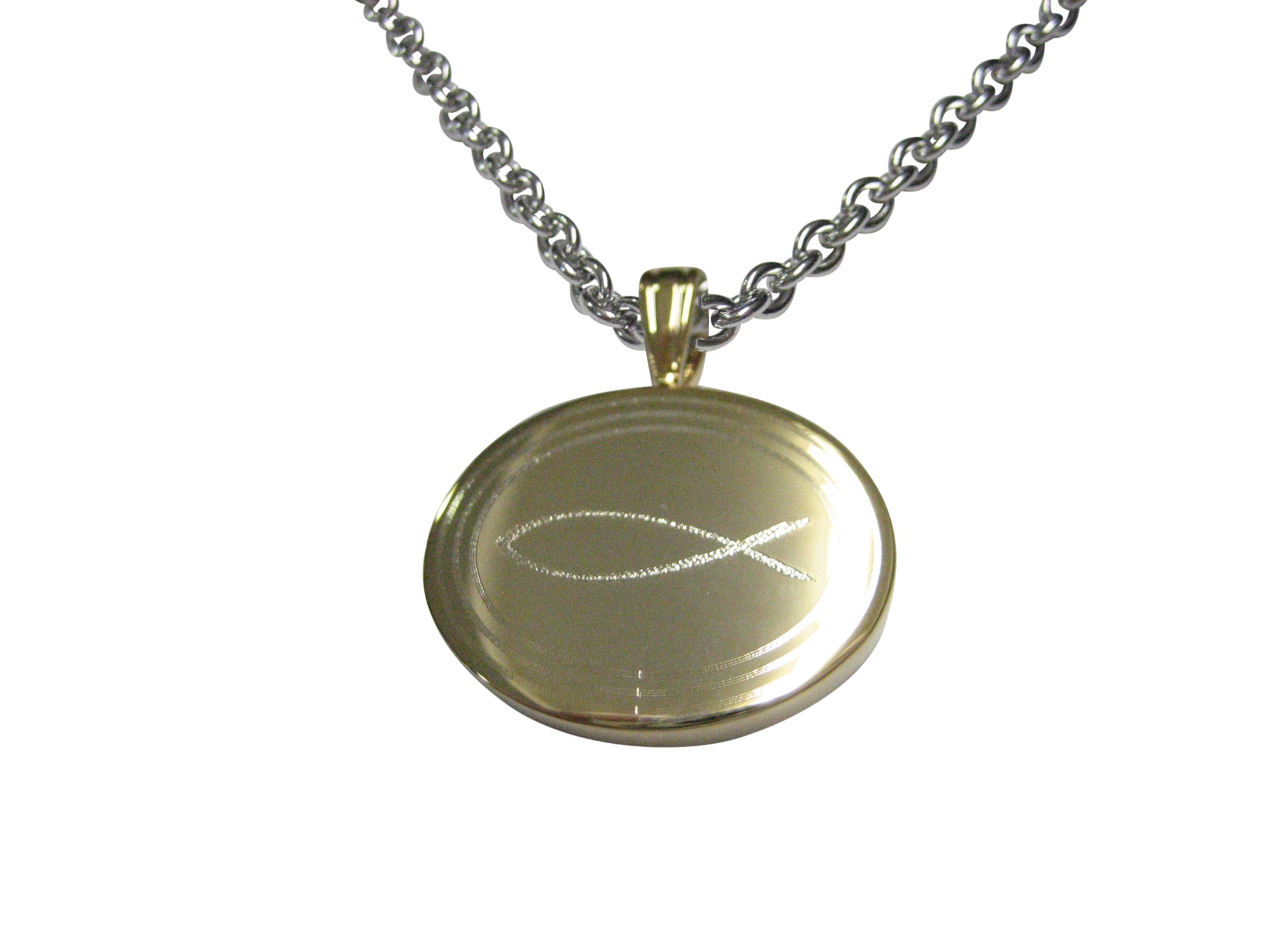Gold Toned Etched Oval Religious Ichthys Fish Pendant Necklace