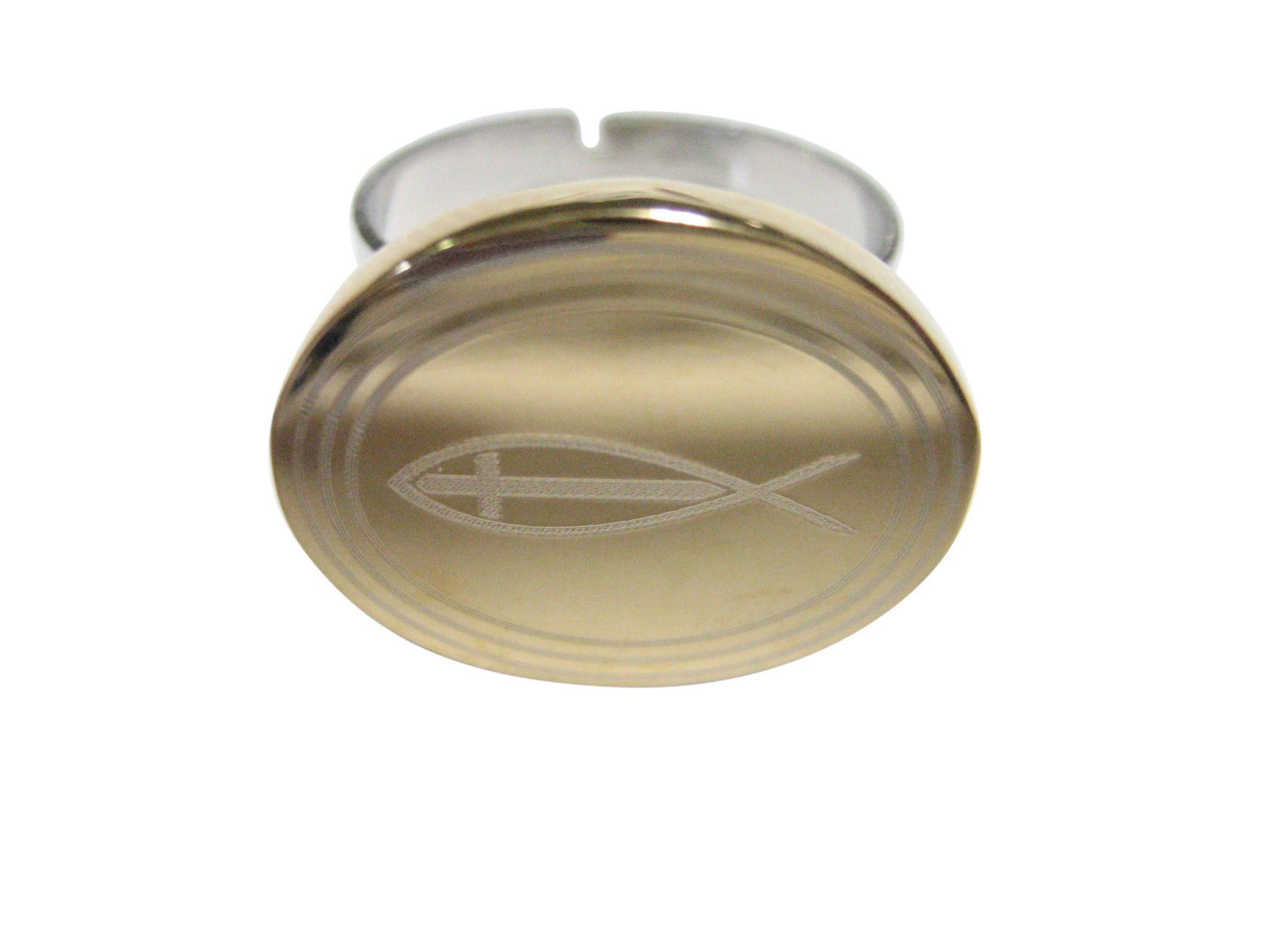 Gold Toned Etched Oval Religious Ichthys Fish with Cross Adjustable Size Fashion Ring