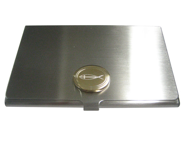 Gold Toned Etched Oval Religious Ichthys Fish with Cross Business Card Holder