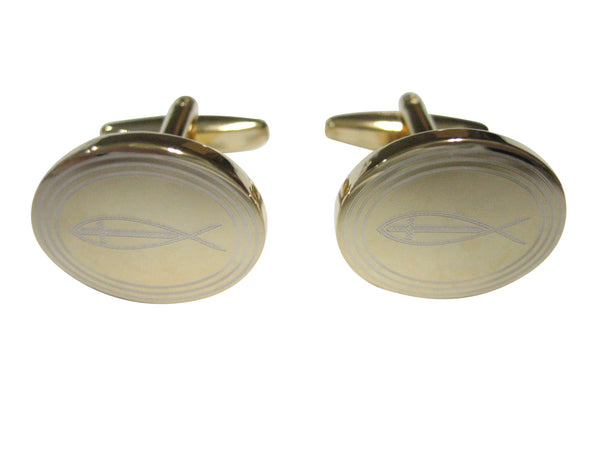Gold Toned Etched Oval Religious Ichthys Fish with Cross Cufflinks