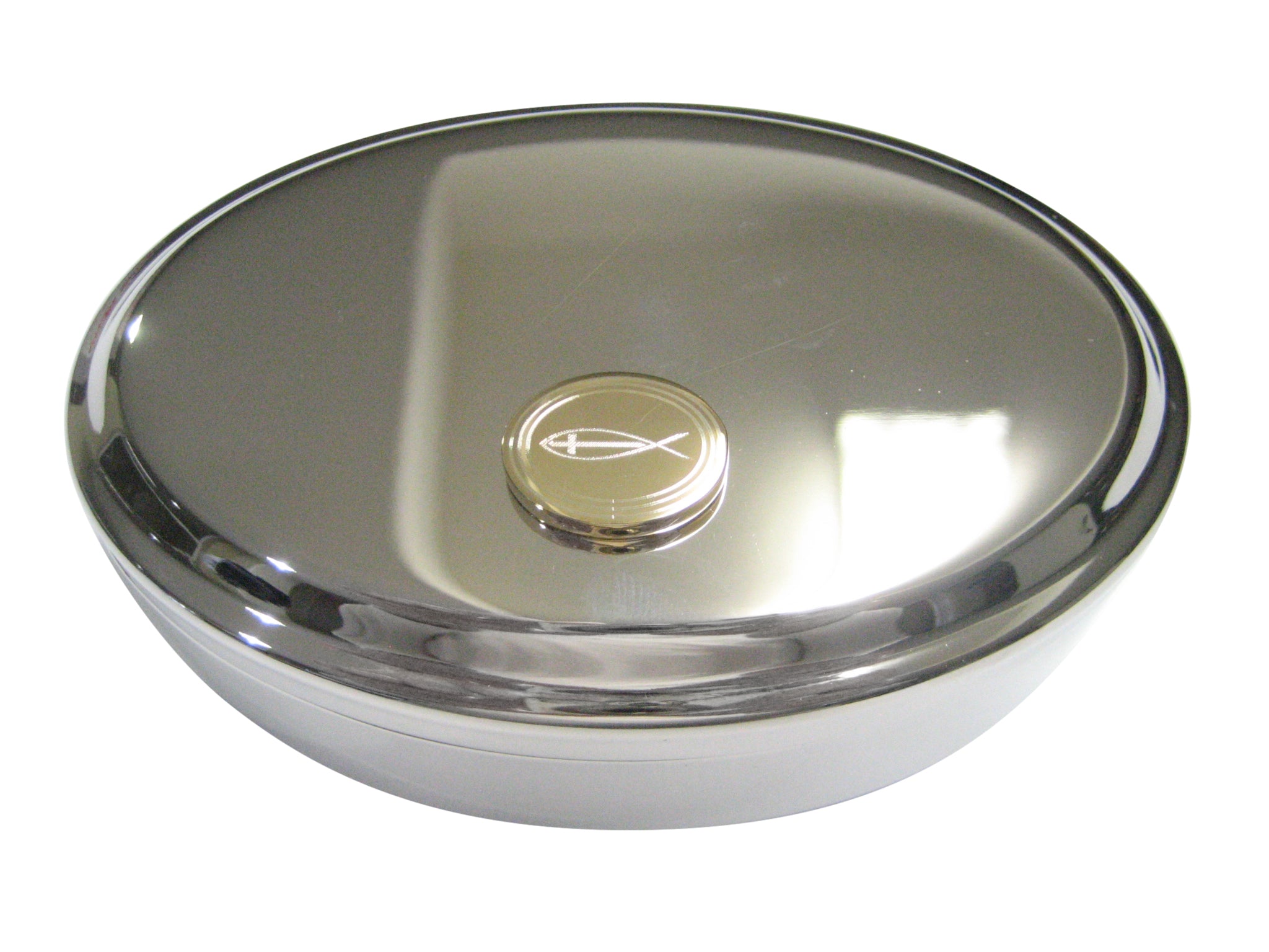 Gold Toned Etched Oval Religious Ichthys Fish with Cross Oval Trinket Jewelry Box