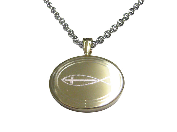 Gold Toned Etched Oval Religious Ichthys Fish with Cross Pendant Necklace