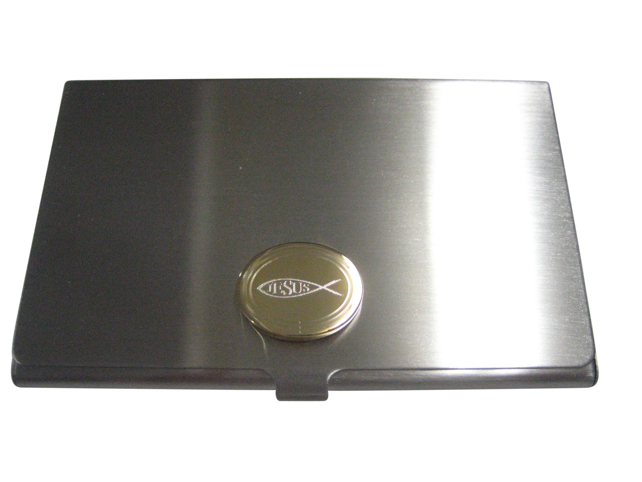 Gold Toned Etched Oval Religious Ichthys Jesus Fish Business Card Holder