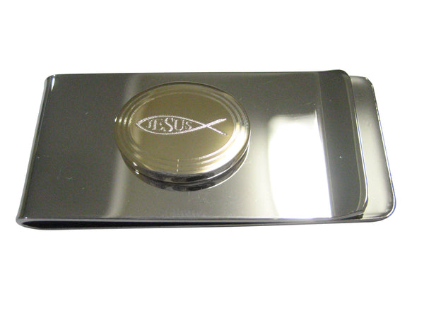 Gold Toned Etched Oval Religious Ichthys Jesus Fish Money Clip