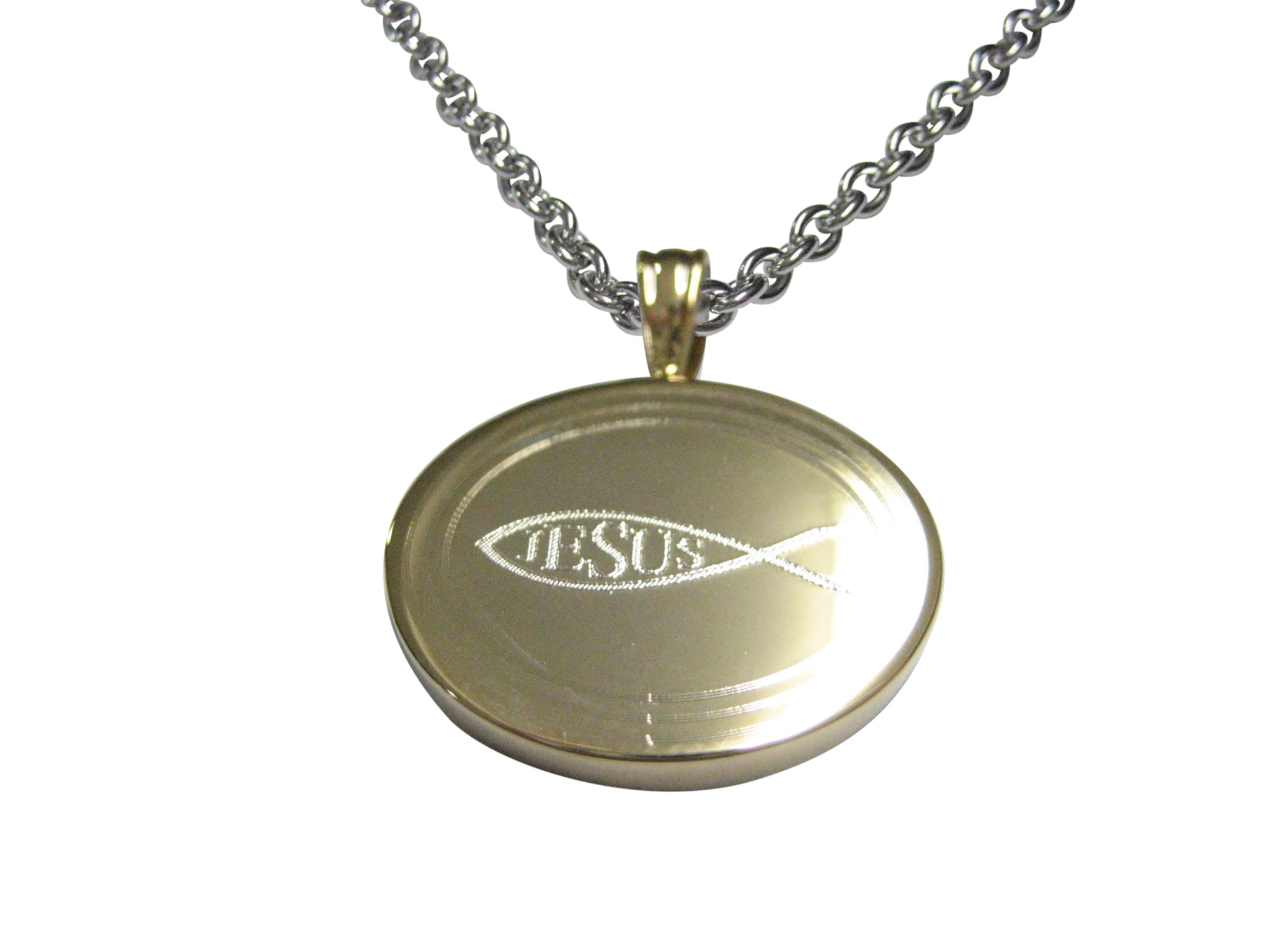 Gold Toned Etched Oval Religious Ichthys Jesus Fish Pendant Necklace