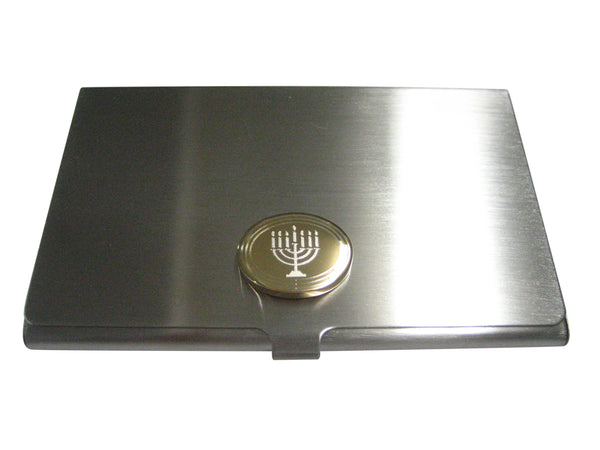 Gold Toned Etched Oval Religious Menorah Business Card Holder