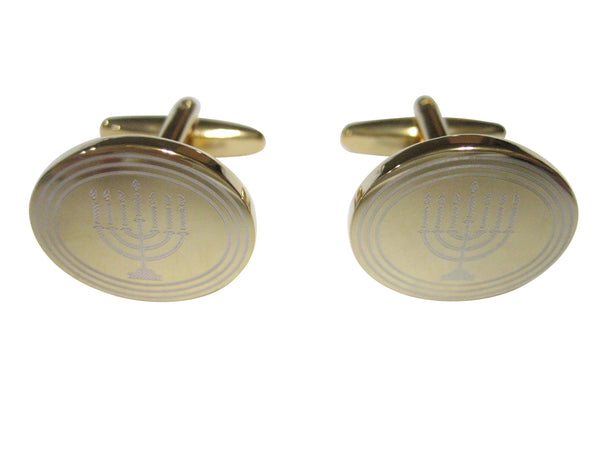 Gold Toned Etched Oval Religious Menorah Cufflinks