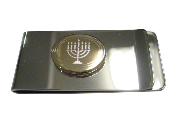 Gold Toned Etched Oval Religious Menorah Money Clip