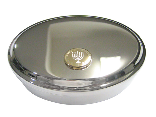 Gold Toned Etched Oval Religious Menorah Oval Trinket Jewelry Box