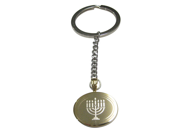 Gold Toned Etched Oval Religious Menorah Pendant Keychain