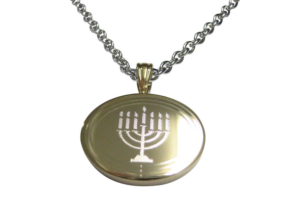 Gold Toned Etched Oval Religious Menorah Pendant Necklace