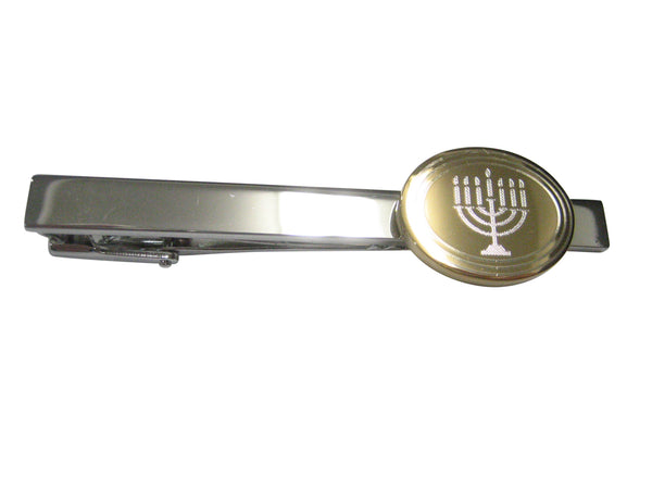 Gold Toned Etched Oval Religious Menorah Tie Clip