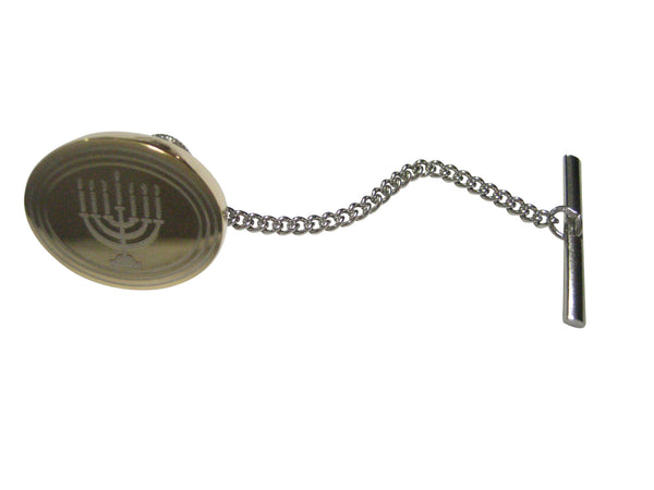 Gold Toned Etched Oval Religious Menorah Tie Tack