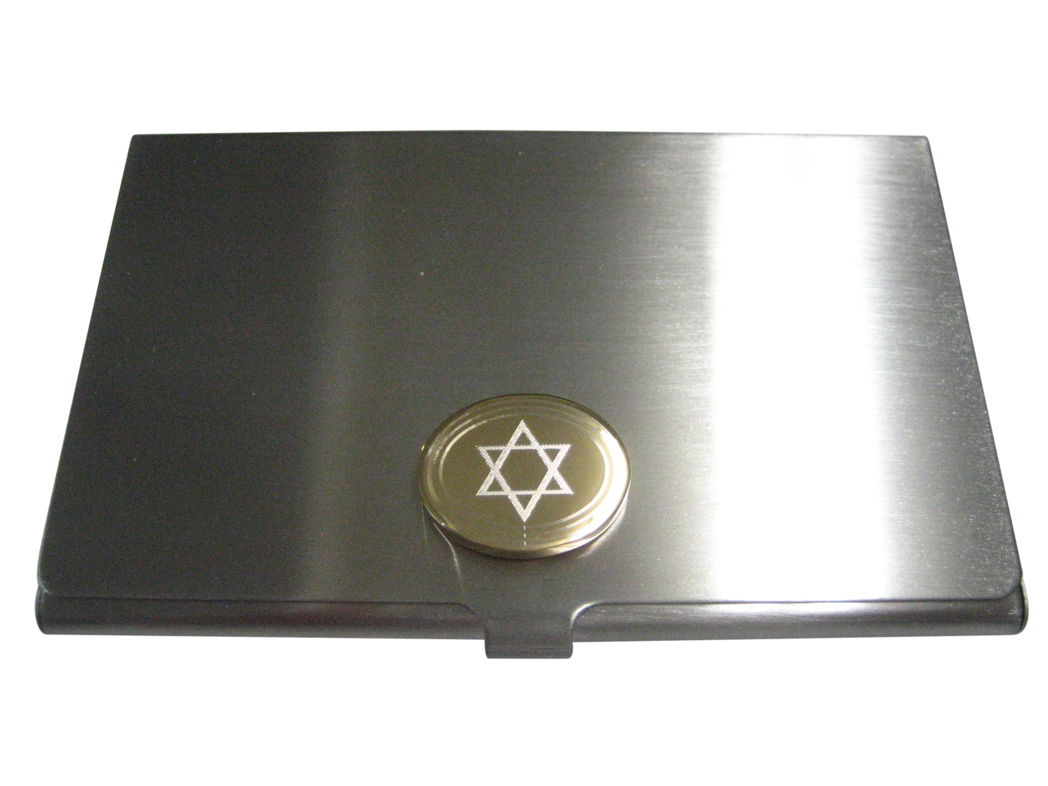 Gold Toned Etched Oval Religious Star of David Business Card Holder
