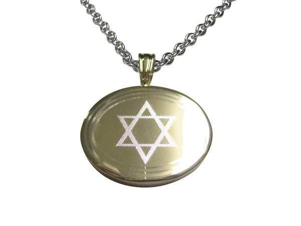 Gold Toned Etched Oval Religious Star of David Pendant Necklace