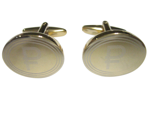 Gold Toned Etched Oval Russian Ruble Currency Sign Cufflinks