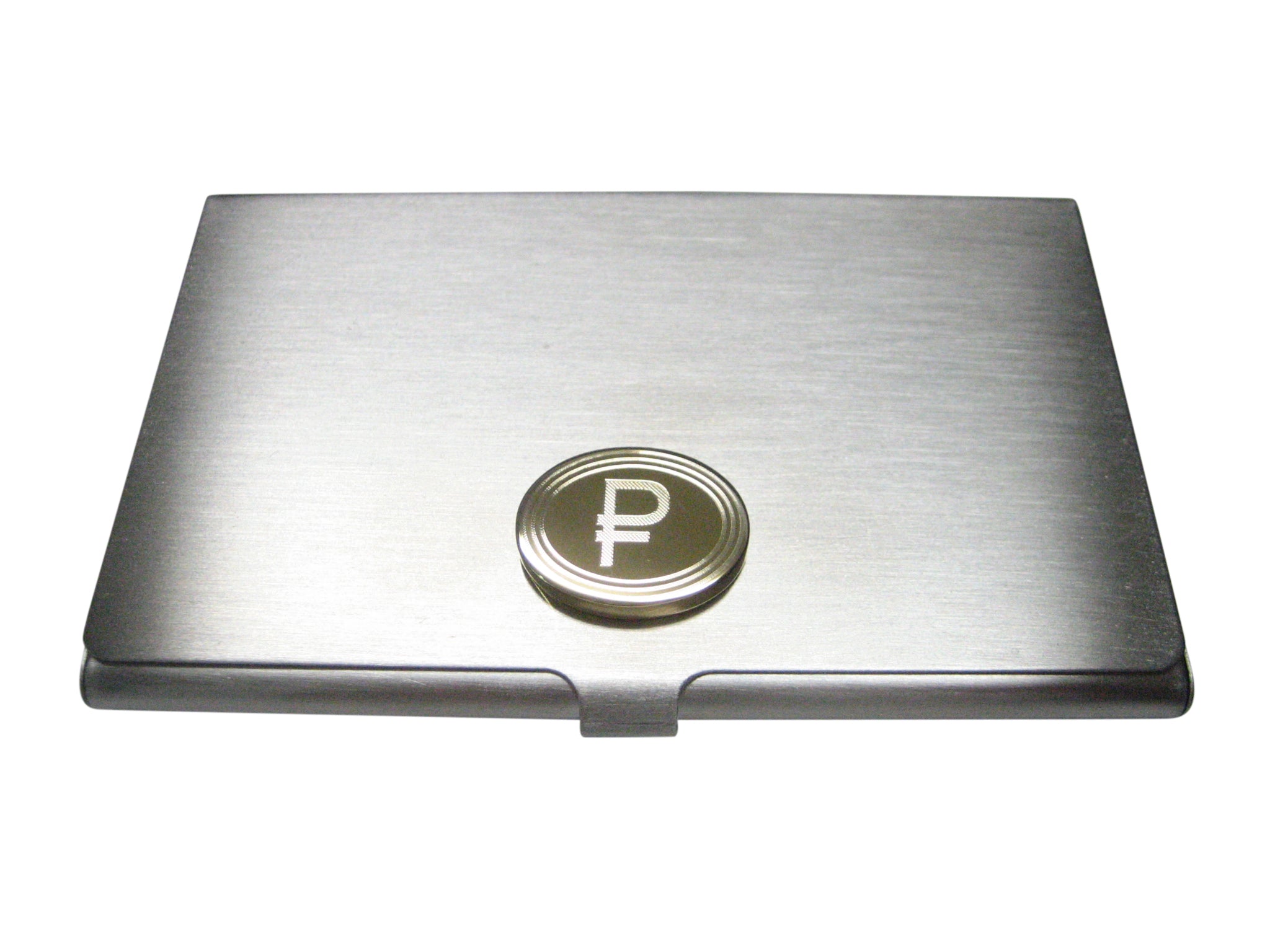 Gold Toned Etched Oval Russian Ruble Currency Sign Pendant Business Card Holder