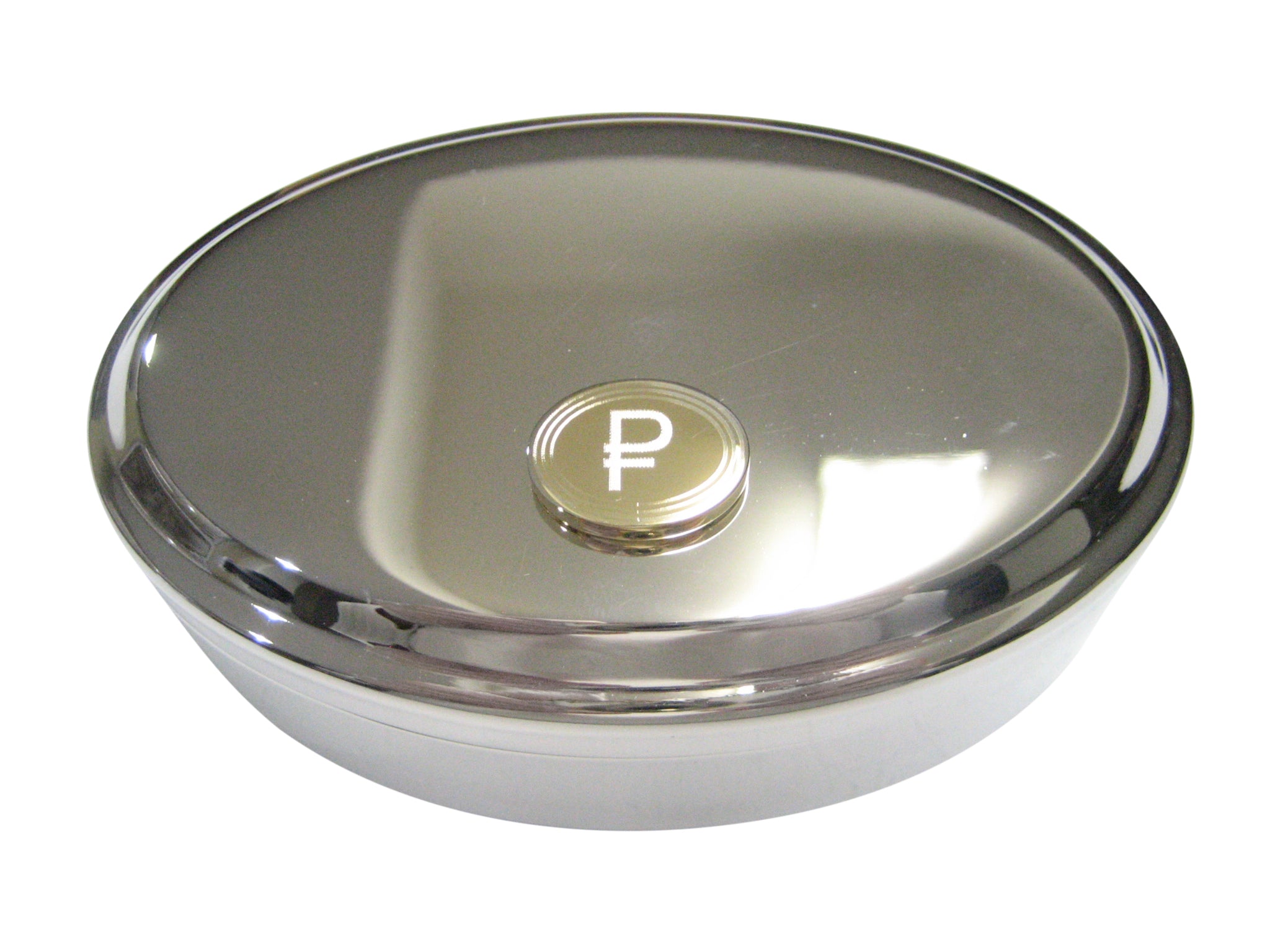 Gold Toned Etched Oval Russian Ruble Currency Sign Pendant Oval Trinket Jewelry Box