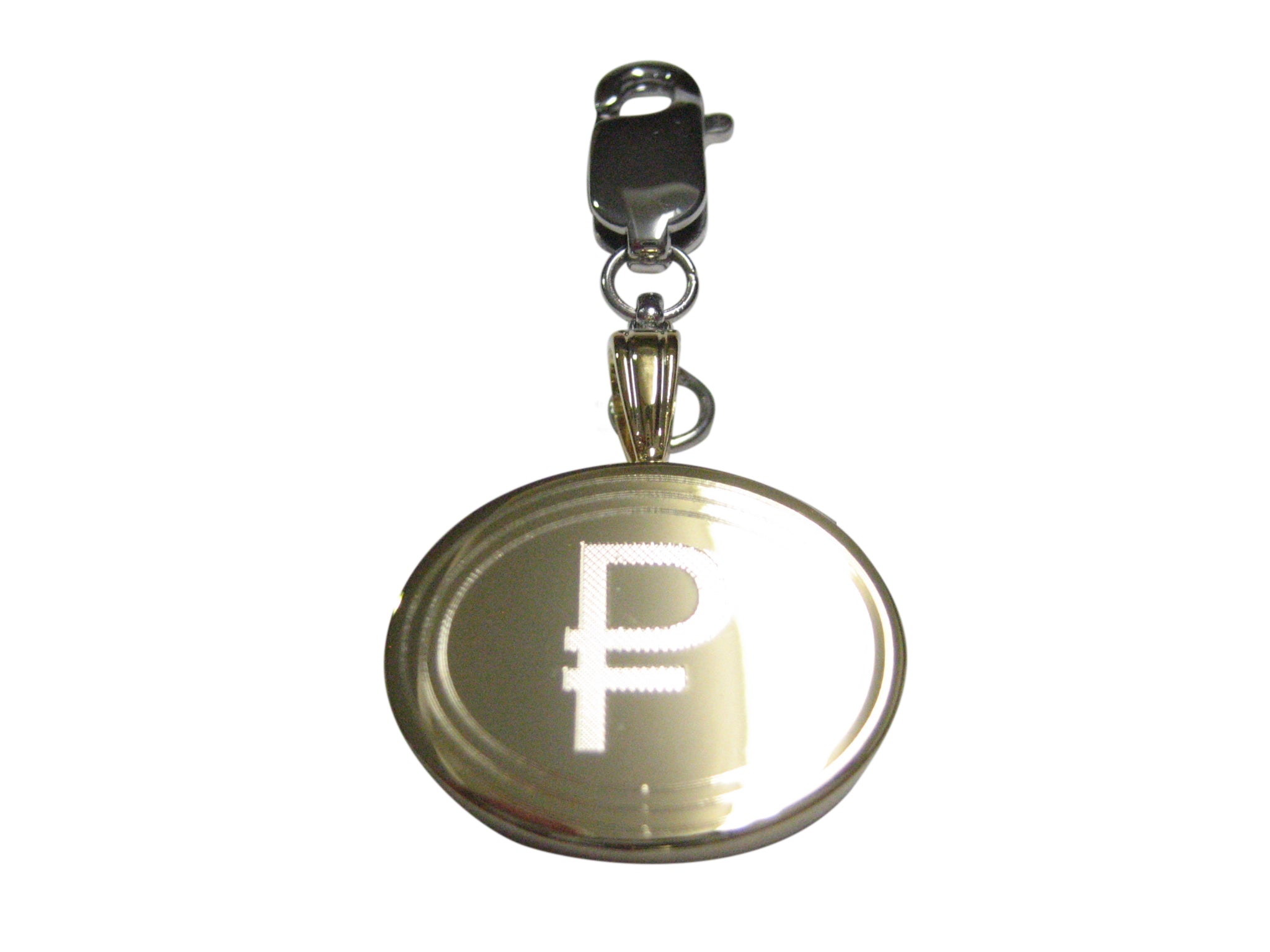 Gold Toned Etched Oval Russian Ruble Currency Sign Pendant Zipper Pull Charm