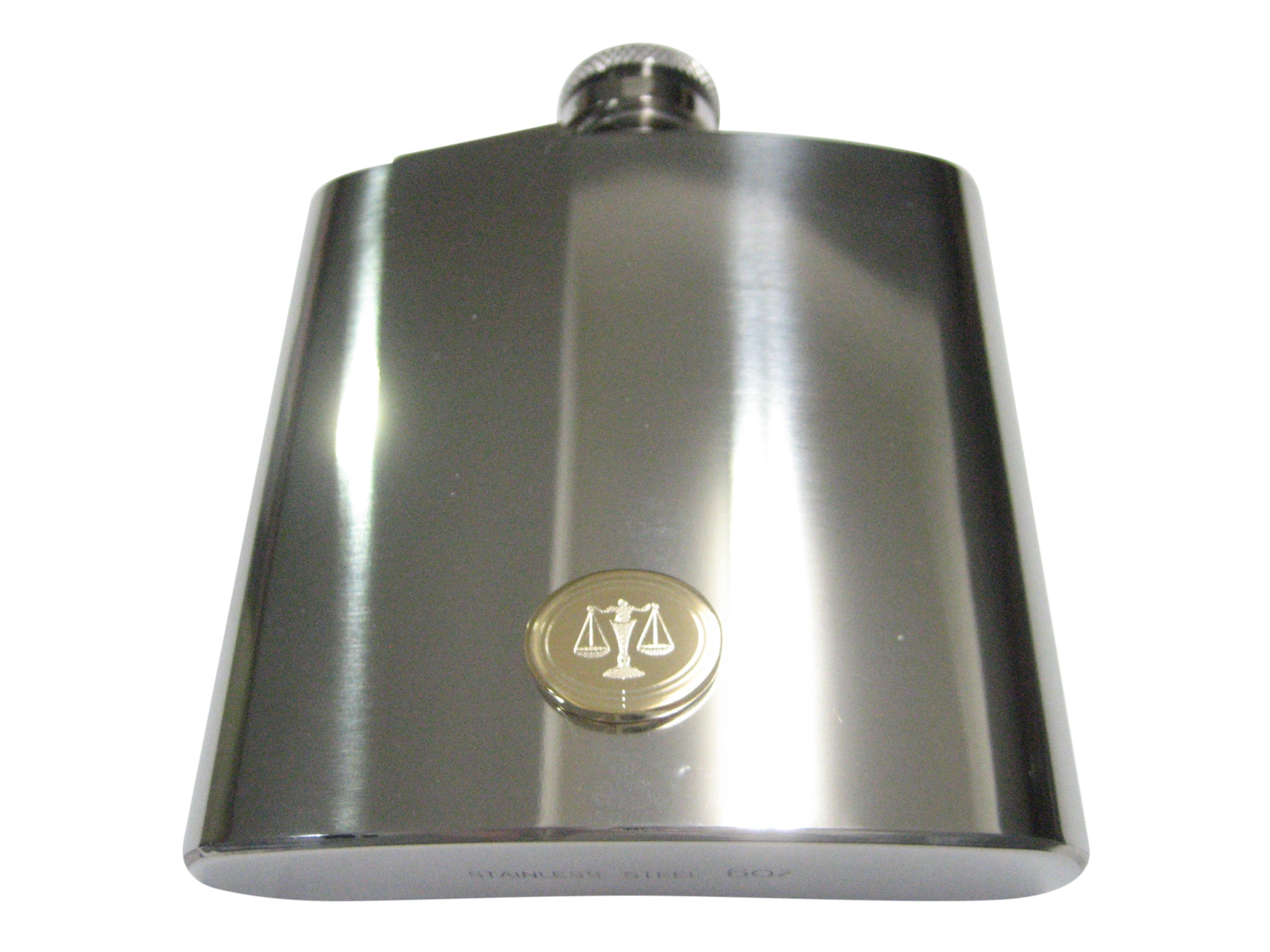 Gold Toned Etched Oval Scale of Justice Law 6oz Flask