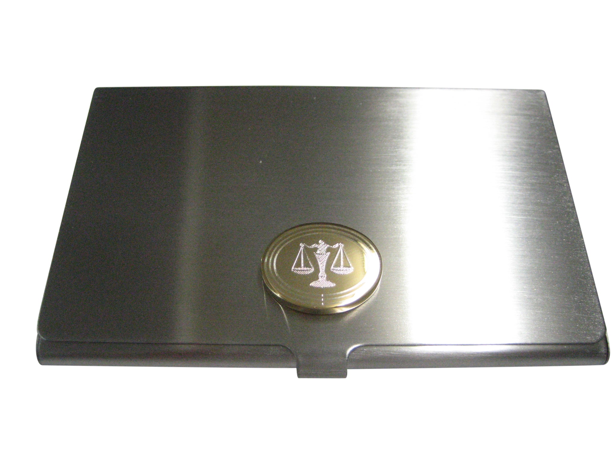 Gold Toned Etched Oval Scale of Justice Law Business Card Holder