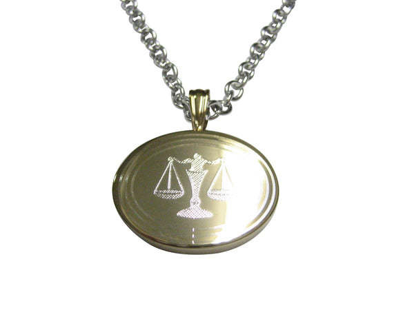 Gold Toned Etched Oval Scale of Justice Law Pendant Necklace