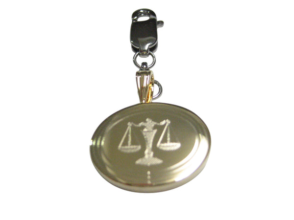 Gold Toned Etched Oval Scale of Justice Law Pendant Zipper Pull Charm