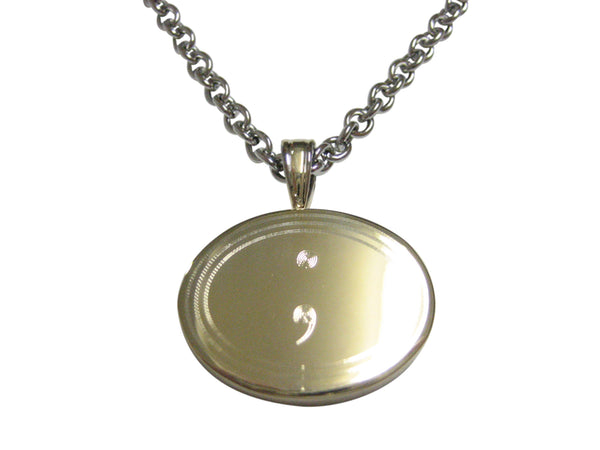 Gold Toned Etched Oval Semicolon Sign Pendant Necklace