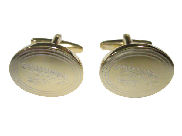 Gold Toned Etched Oval Sleek Fire Truck with Ladder Cufflinks